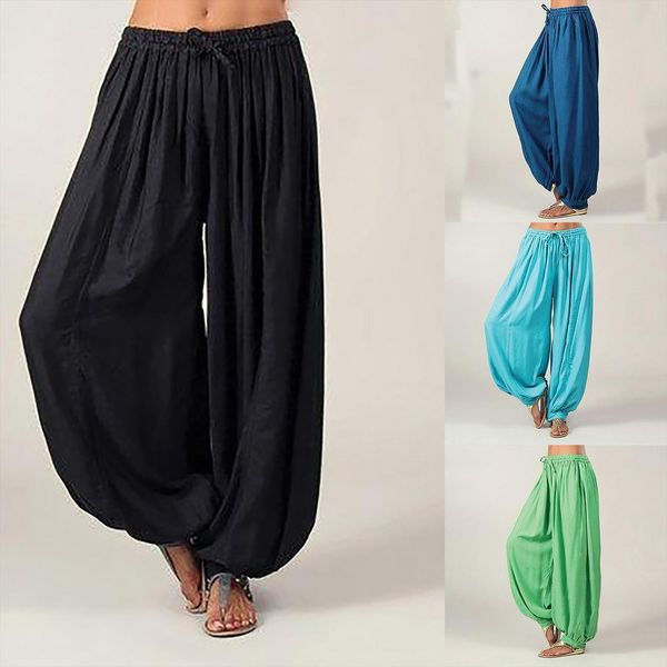 

fashion plus size solid womens pants color casual loose harem cotton linen full length trousers hip, Black;white