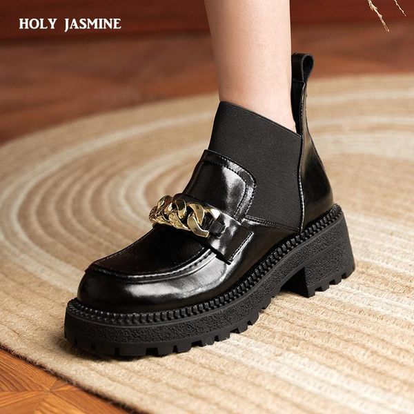 

boots size 34-40 women leather fashion spring platform thick heel shoes woman retro daily office lady footwear, Black