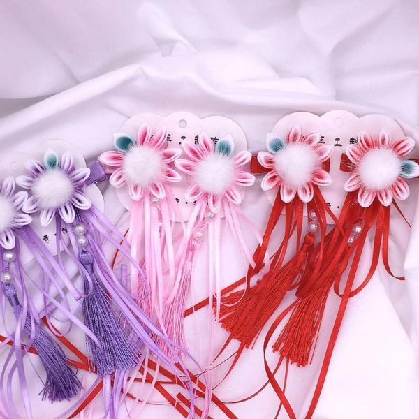 

hair accessories wyyniy a pair of fringed long streamer hanfu classical girls flower ball clip hairpin, Slivery;white
