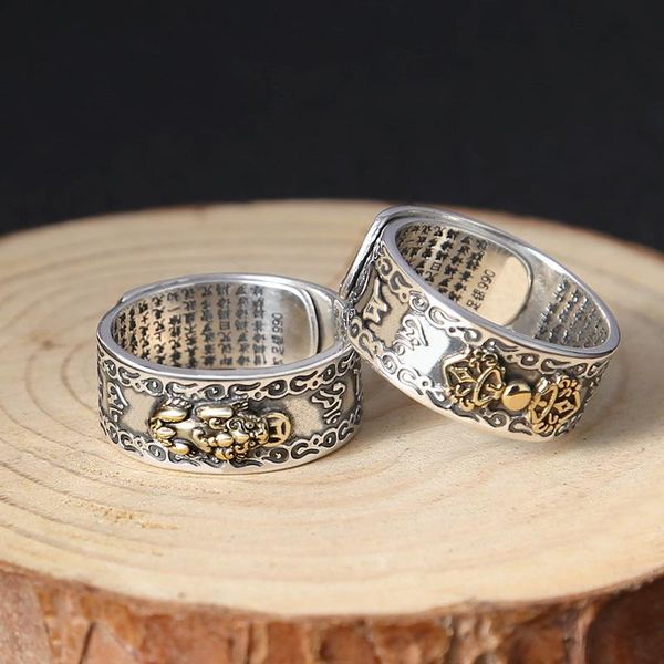

cluster rings s990 sterling silver color vajra & brave troops ring men adjustable size vintage punk thai jewelry birthday gifts, Golden;silver