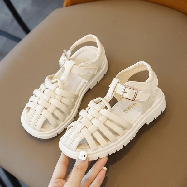 

sandals summer fashion children girls soft non-slip solid color shoes kids leather beach casual roman slippers, Black;red