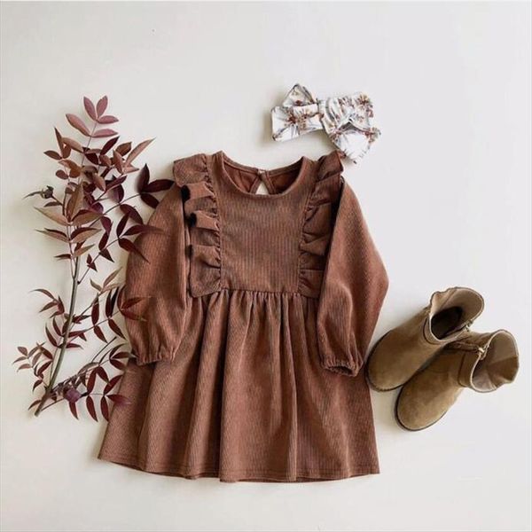 

quality spring design child girl dress long sleeve corduroy ruffle twril toddler brown solid tutu little winter, Red;yellow