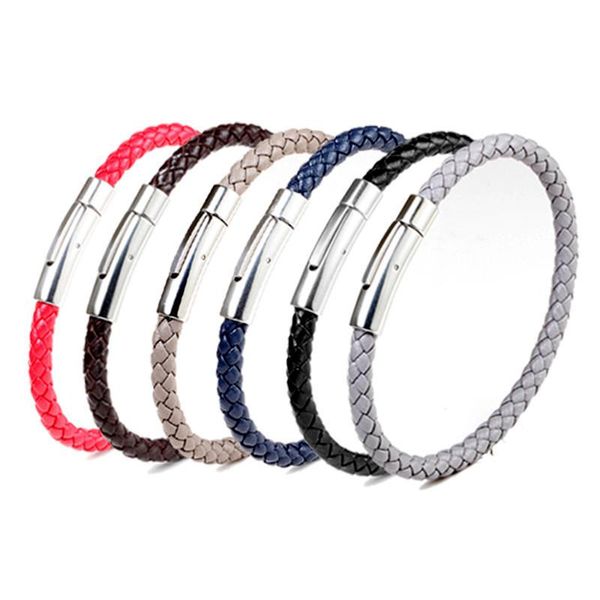 

link, chain hand woven leather rope titanium steel bracelet punk men silver plated multicolor trend daily wear jewelry, Black