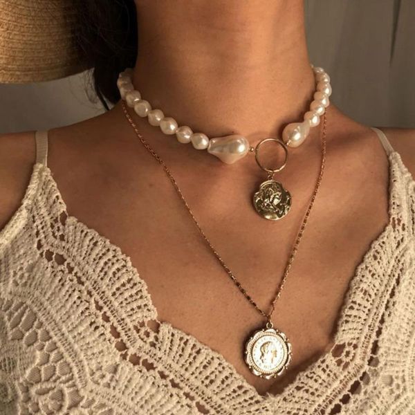 

chains fashion multilayer geometric chain pendant necklace for women girls vintage pearl choker necklaces statement trendy jewelry gift, Silver