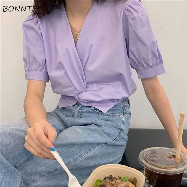 

women's blouses & shirts women solid preppy style crops simple korean summer v-neck kink-design slim casual streetwear chic lovely girl, White