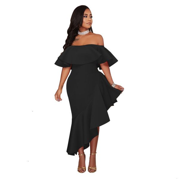 

2021 summer new off shoulder slash neck ruffles asymmetrical long women vintage elegant classy robe club party es y 48nf, Black;gray