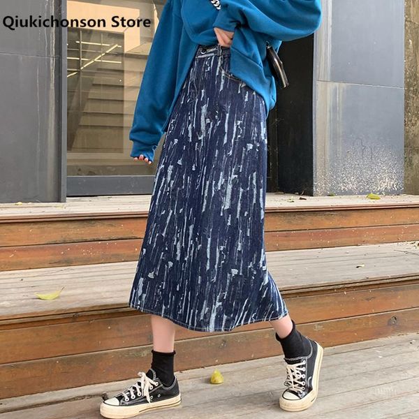 

plus size skirt women spring autumn casual vintage high waist a-line back split long midi textured jacquard ripped denim skirts, Black