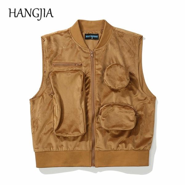 

men's jackets harajuku korean sleeveless velvet vest jacket men women streetwear fashion loose casual multi-pocket zip up cargo outwear, Black;brown