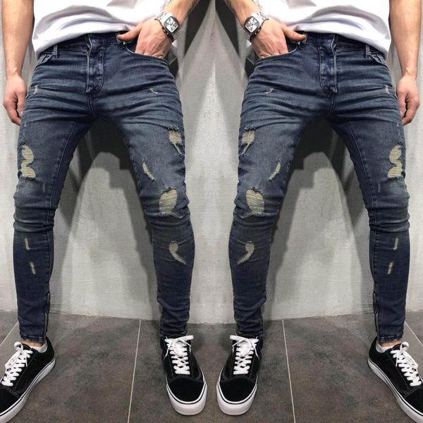 

men's jeans mens casual fitness bodybuilding pocket skin full length sports denim pants ripped washed trousers, Blue