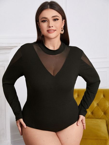 

plus mock-neck mesh insert rib-knit fitted bodysuit w3po#, Black