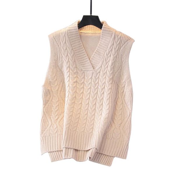 

korean women autumn twist cable knitted sleeveless vest v-neck solid color pullover sweater casual loose high low jumper m7dd, White;black