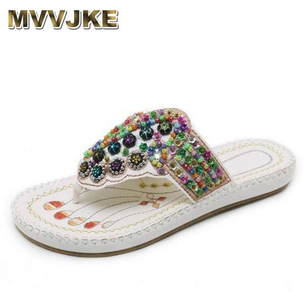 

slippers mvvjke summer flat sandals ladies embroidered bohemian beaded beach shoes fashion national wind flip flops, Black