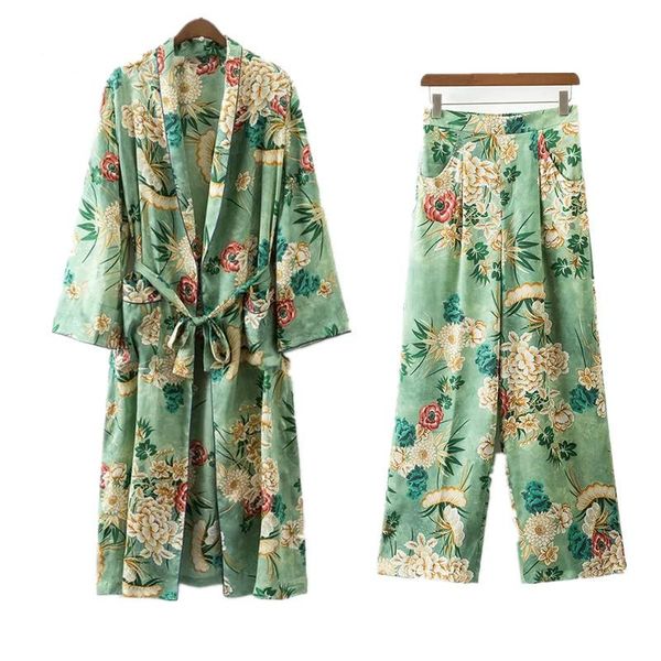 

women's two piece pants 2 set women suit female ladies holiday printed long-sleeved cardigan sun kimono loose jacket print wide leg, White