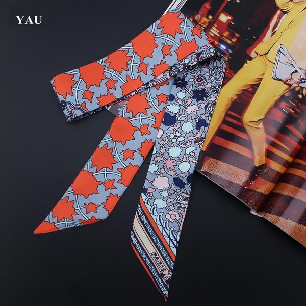 

scarves brand 95cm*5cm small flower printed bag strap scarf women twill silk headband long accessories ribbon, Blue;gray