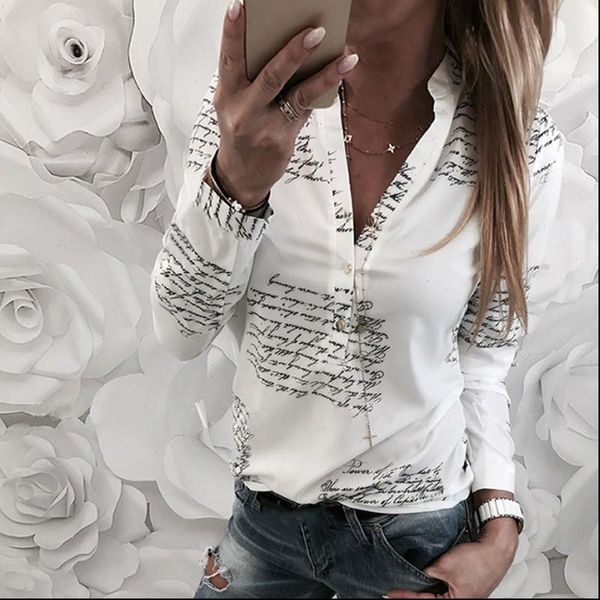 

women blouses long sleeve v neck letter printed office shirt chiffon blouse shirt femme casual plus size blusas femininas, White