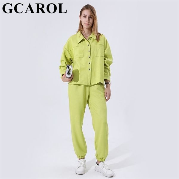 

gcarol women velvet tracksuits drop shoulder oversize single-breasted jacket and elastic waist overalls cargo pants in 4 season 211103, White