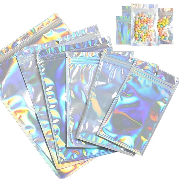 100 teile/los Wiederverschließbare Aluminiumfolie Beutel Kunststoff Einzelhandel Verpackung Taschen Holographische Verschließbare Geruch Proof Beutel für Lebensmittel Lagerung