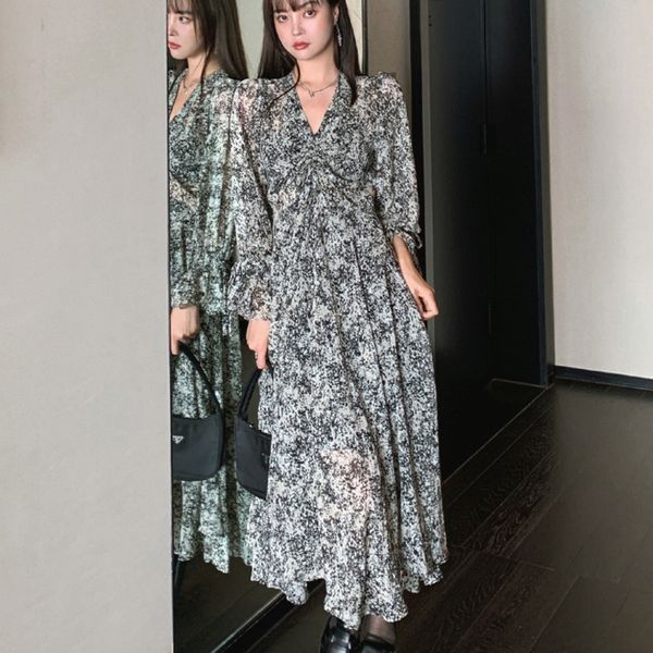 

2021 new vintage ink painting printed maxi korean casual boho ladies autumn beach long es for women sun robe iect, Black;gray
