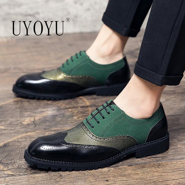 

uyoyu brand genuine leather luxury 38~48 brogue moda italy men's classic modern formal oxford wingtip lace up dress shoes, Black