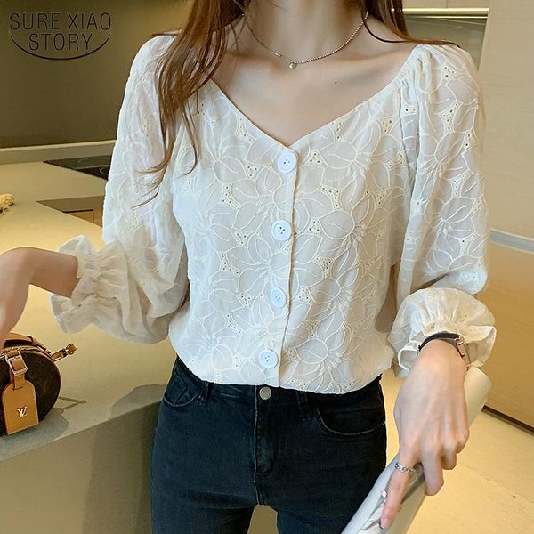 

women's blouses & shirts 2021 autumn korean all-match embroidery flowers blouse vintage v-neck long sleeve blusas 11083, White