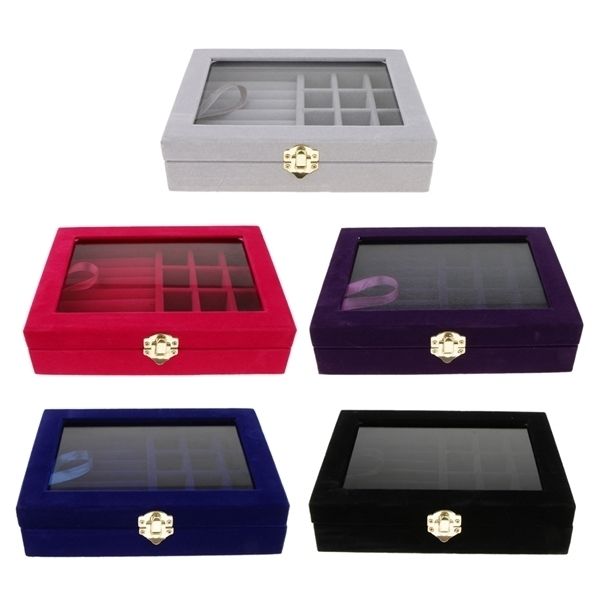 

home travel portable jewelry storage box 12 grid and 6 slot glass lid rings earrings cufflinks trinkets display case y1214, Black;white