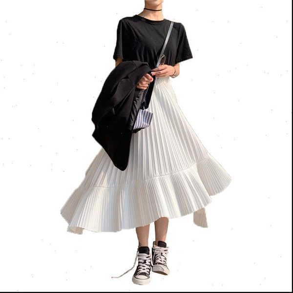 

summer new women skirt irregular high waist pleated skirt midi falda mujer moda 2021 ruffle korean satin long runway saia f732, Black