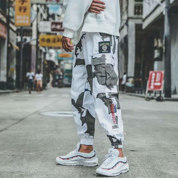

ins super fire white camouflage overalls men's fashion brand loose yu wenle sports leggings hiphop pants, Black