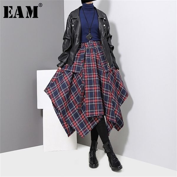 

[eam] new spring high waist red plaid split joitn loose big hem half-body skirt women fashion tide all-match jd402 210310, Black
