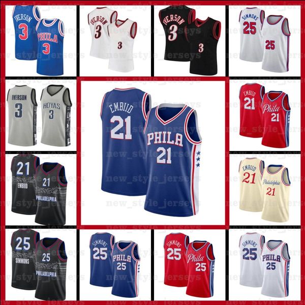 

ncaa 21 joel simmons iverson embiid 25 ben 3 allen philadelphia 76er jersey basketball jerseys x4, Black;red
