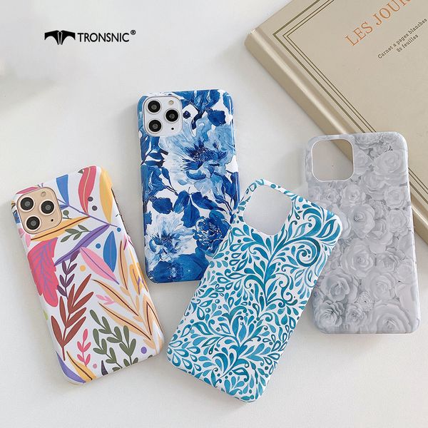 

leaf flowers glossy phone case for iphone 12 11 pro max xr xs max rose hard pc blue luxury case for iphone 6s 7 8 plus cover hot