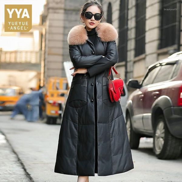 

women winter designer real fur collar down coat ol style elegant slim thick genuine leather overcoat female pocket outerwear women's &, Black