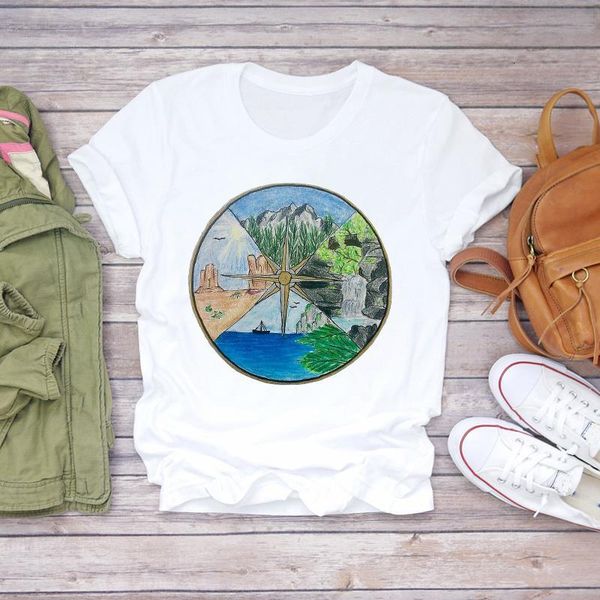 

womens t-shirts cartoon lake river compass fashion short sleeve lady women print ladies t graphic female tee t-shirt, White