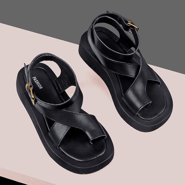 

sandals women genuine leather 2021 summer clip toe ladies roman shoes muffin, Black