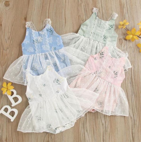 

rompers born baby summer mesh romper girls sleeveless plant pattern u-shaped neck lace trim playsuit bodysuits, Blue