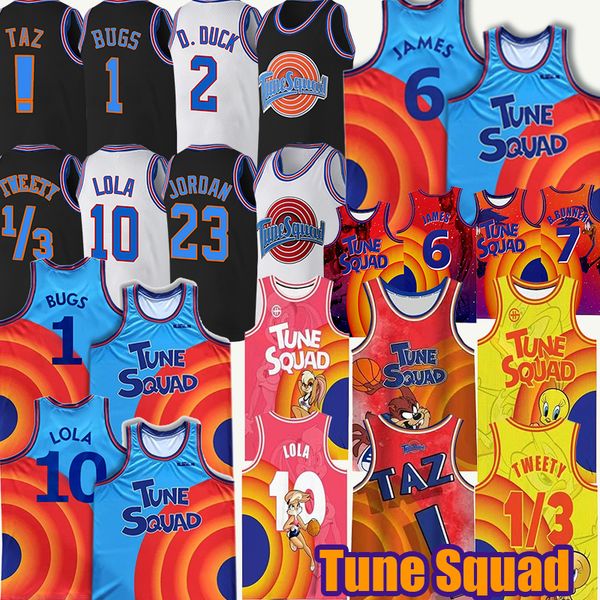 

space jam tune squad basketball jersey james 1 bugs 22 murray 10 lola 1/3 tweety taz 2 d.duck 7 r.runner throwback lebron movie youth mens, Black;red