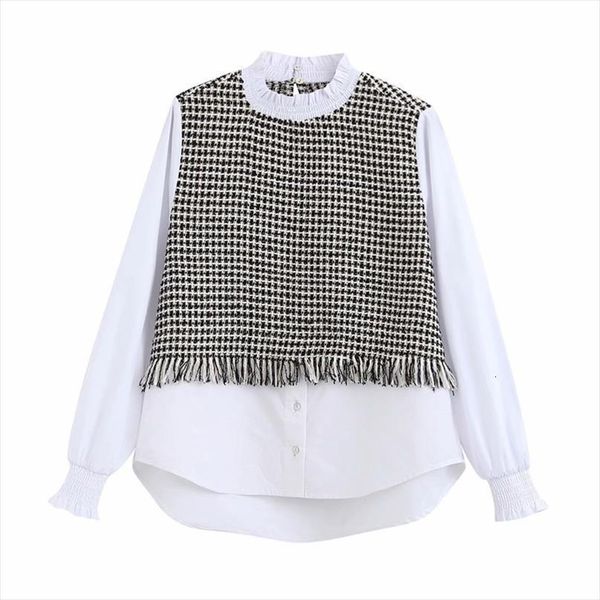 

elegant tweed patchwork tassel design women blouses long sleeve ruffled collar sweet preppy style female casual chic, White