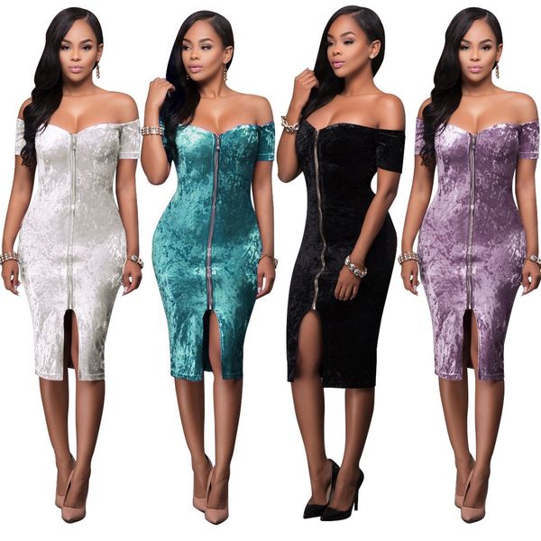 

european and american gold diamond velvet zipper one-line collar dress bandage skirt, White