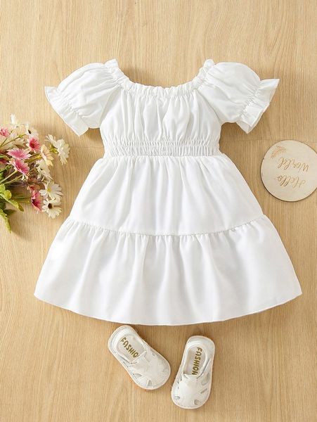 

baby shirred waist puff sleeve ruffle hem dress she, Red;yellow