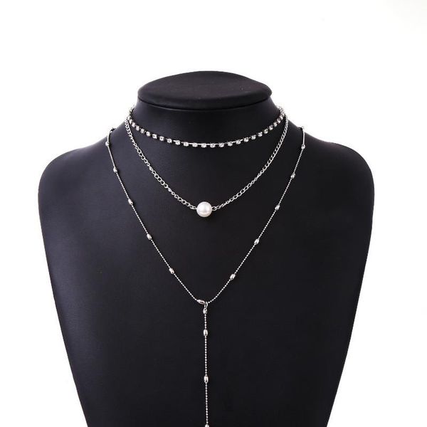 

pendant necklaces fashion multi layered crystal simulated pearl gold silver color chain necklace long tassel women jewelry