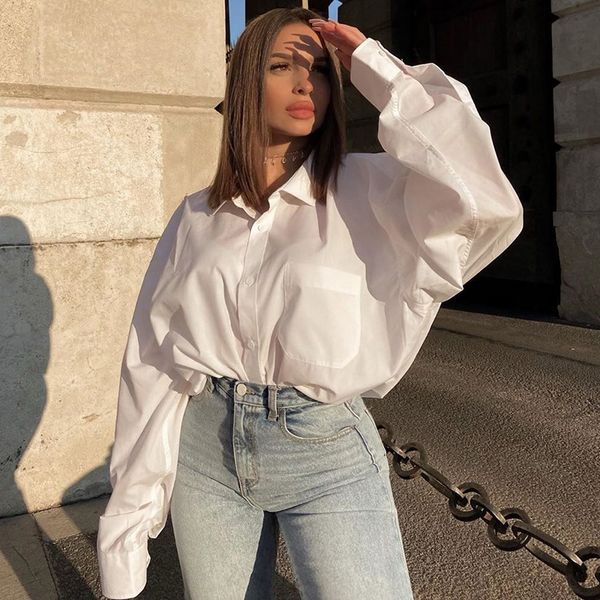 

elegant women shirt harajuku lantern sleeve autumn 2021 fashion casual loose button fly turn down collar blouse, White