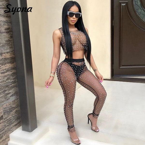 

women's tracksuits matching pearl mesh two piece set for women club outfits see through transparent sheer 2 pcs suit nightclub beach va, Gray