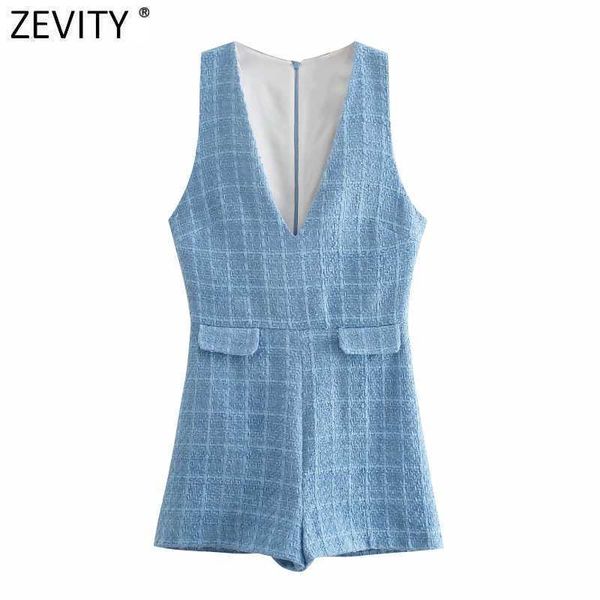 ZEVITY Kadınlar Moda V Boyun Kolsuz Tüvit Yünlü Playsuits Ofis Bayan Geri Fermuar Ince Siyam Şık Şort Rompers P1010 210603