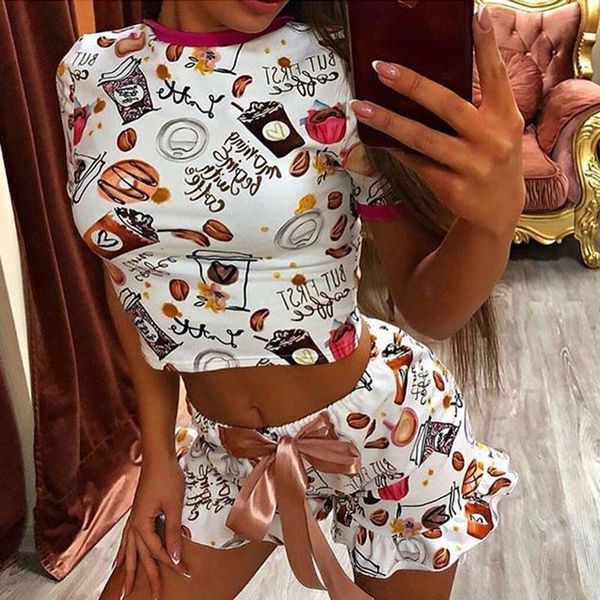 

cute coconut pattern printing two piece pajama sets sleepwear women fashion casual short sleeve crop and shorts summer, Black;red