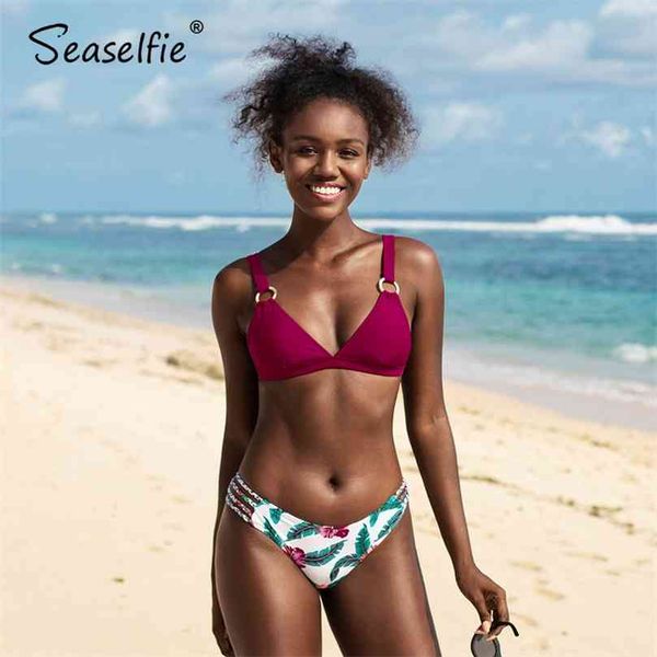

seaselfie o-ring strappy low waist bikini sets women dark purple floral two pieces swimsuits swimming suit swimwear 210712, White;black