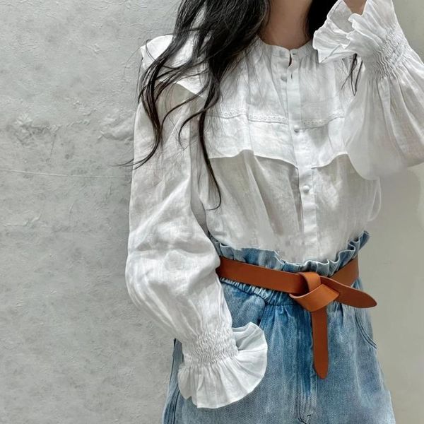 

women's blouses & shirts ruffles trim women o-neck blouseladies single-breasted white or black long flare sleeve blouse and 2021