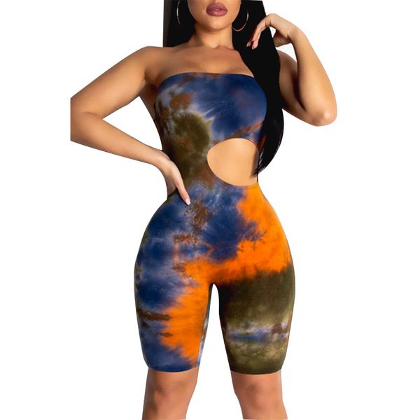 

strapless off shoulder jumpsuit women tie dyeing bandeau jumpsuits rompers summer colorful holes bodysuit, Black;white
