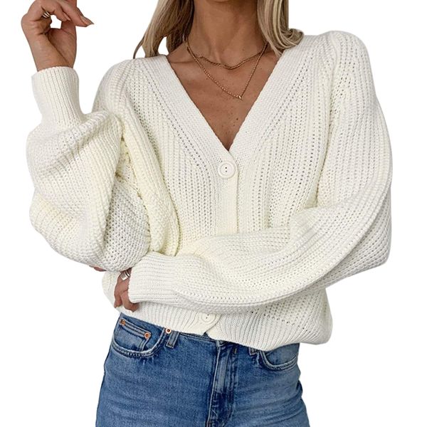 

2021 new sweaters for women winter long lantern sleeve oversized solid color v-neck knitted sweater hollow out knitwear f6ai, White;black