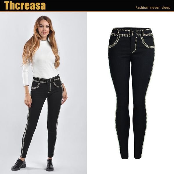 

women's jeans pure black leggings heavy industry full bead rivet original european and american, Blue