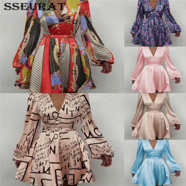 

casual dresses sseurat 2021 spring solid color mini dress v neck high waist line lantern long sleeve floral print women vintage, Black;gray