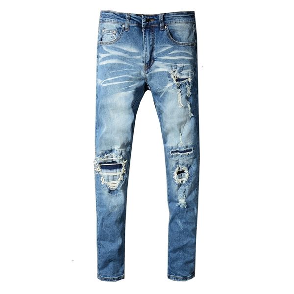 

2021 men's male trousers spring street style nostalgic washed ripped beggar jeans slim stretch denim pantsleggings 571 sqya, Blue